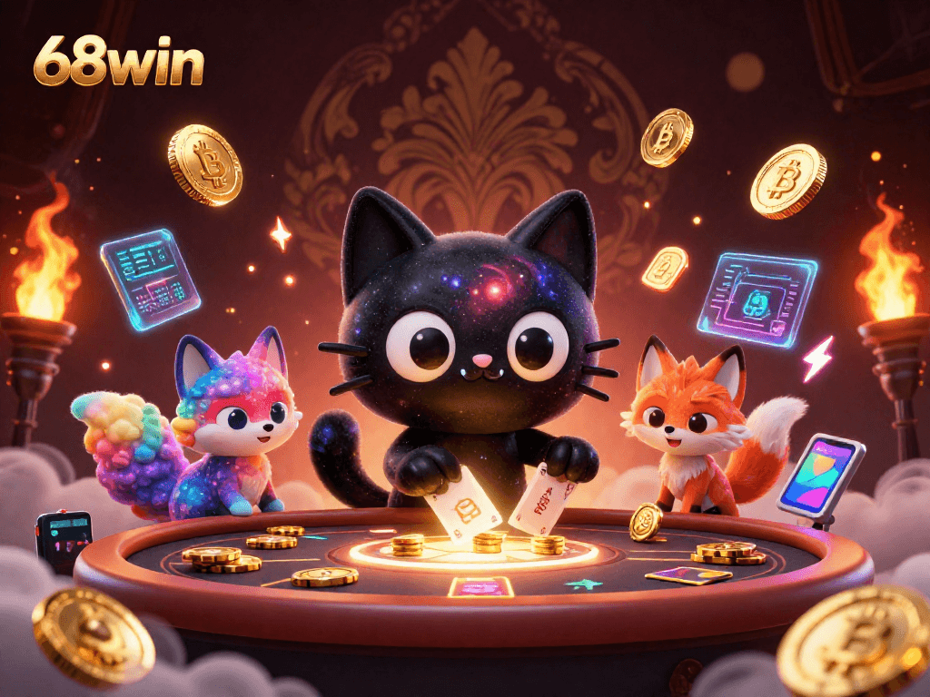 Experience cosmic gambling with 68win's unique casino scene featuring vibrant characters and blockchain elements.