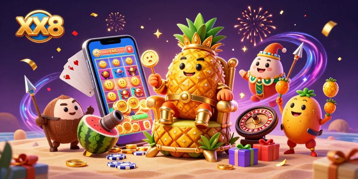 Experience the excitement of XX8 with a tropical-themed casino scene featuring unique characters and vibrant game elements.