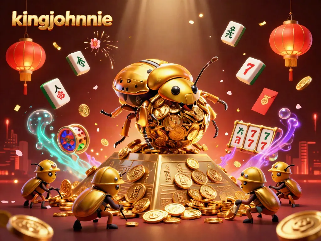 Experience the thrill of kingjohnnie casino with a vibrant illustration of golden beetles and casino symbols.