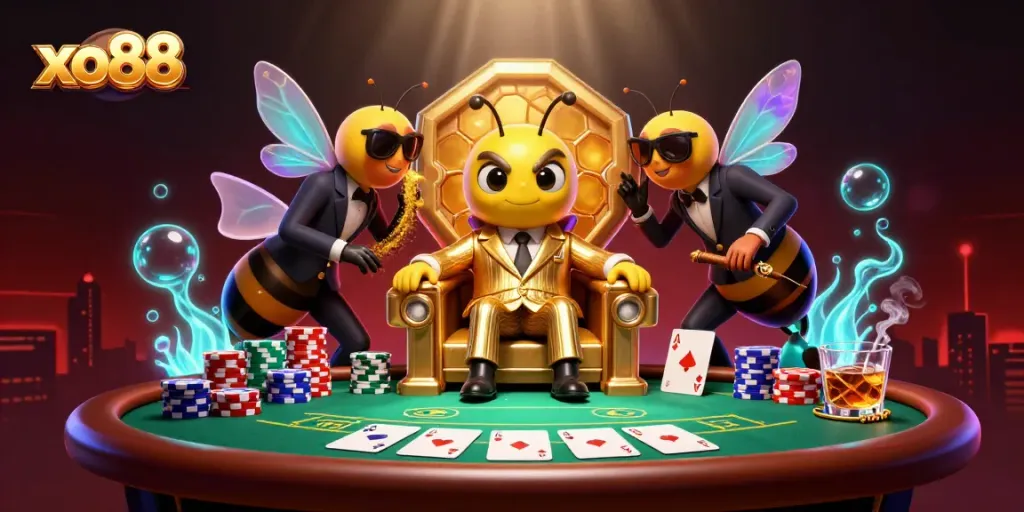 Engage in x088 thrill with vibrant poker scene featuring cartoon characters and casino elements.