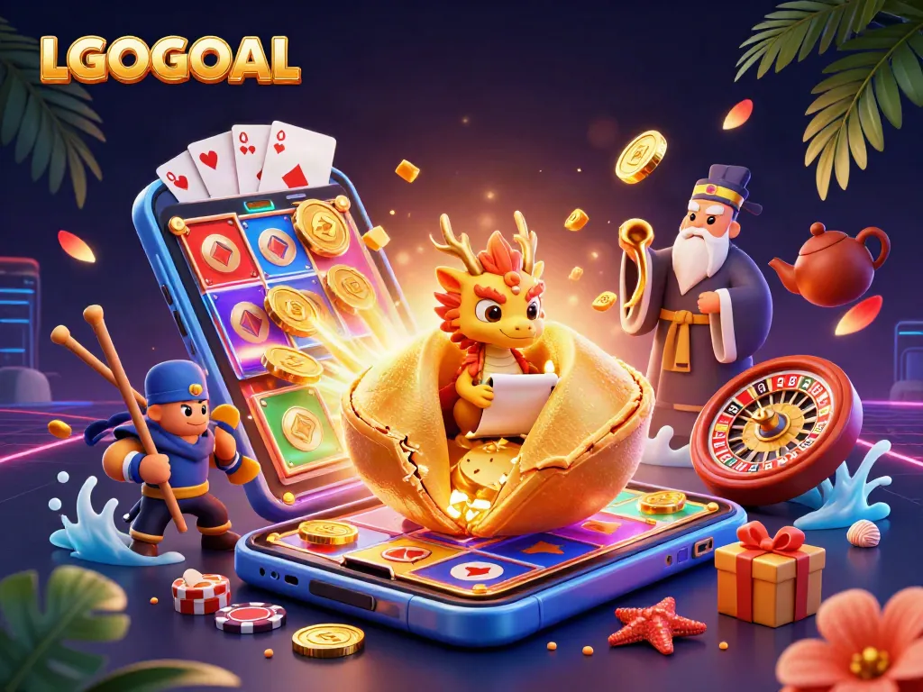 Experience winning with LGOGOAL as golden coins erupt from a smartphone amidst vibrant casino elements.