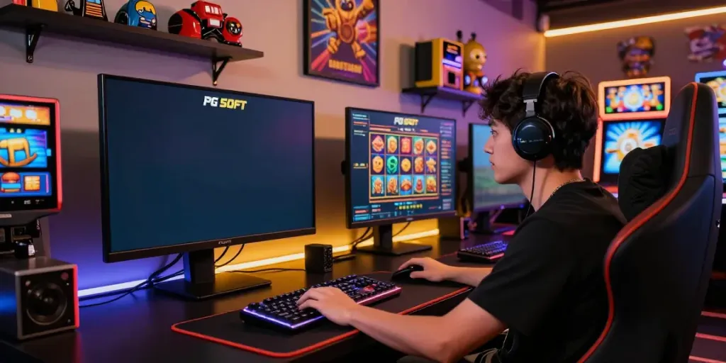 Player engaging with PG SOFT slot game on an impressive gaming setup.