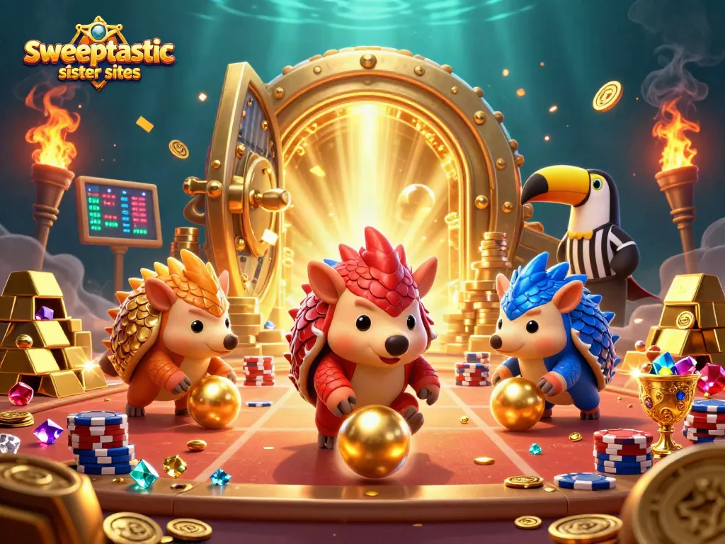 Experience exciting gameplay at Sweeptastic sister sites with rival pangolins bowling through poker chips.