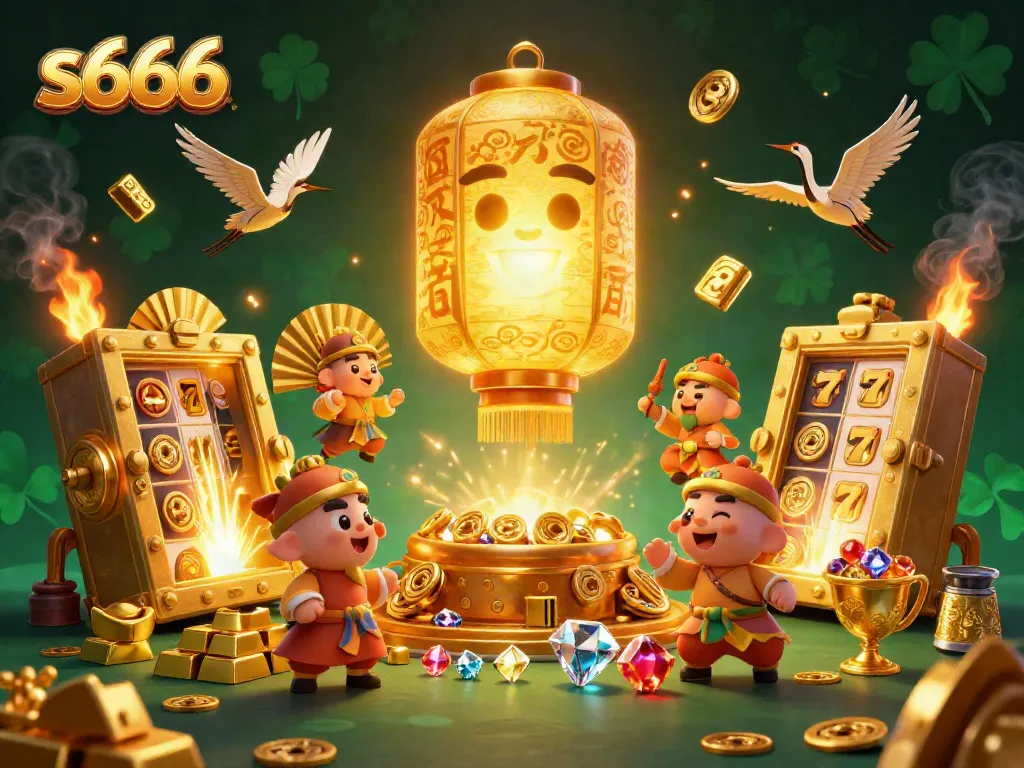 Experience vibrant wins at s666 with a dynamic casino scene featuring treasures and lucky symbols.