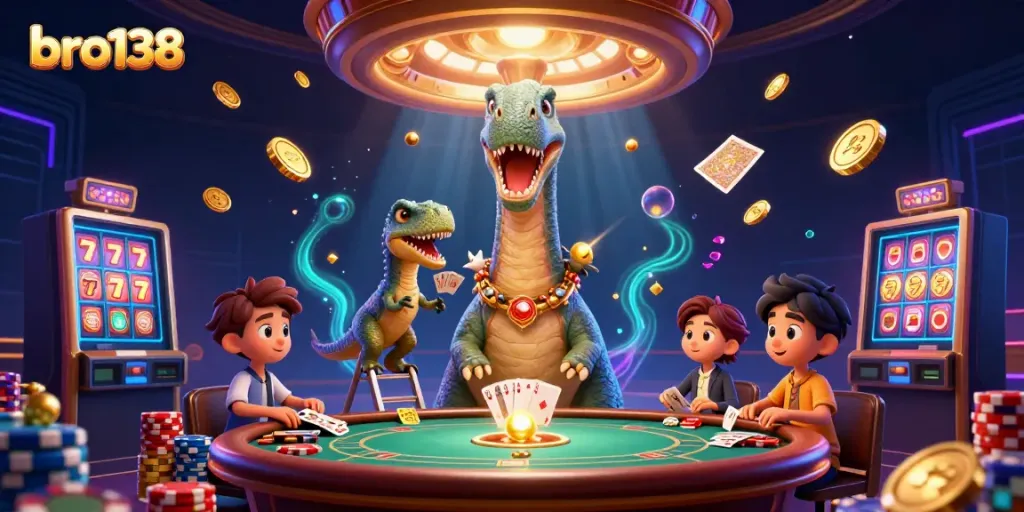Experience the thrill of bro138 with vibrant casino elements and whimsical characters in a dynamic scene.