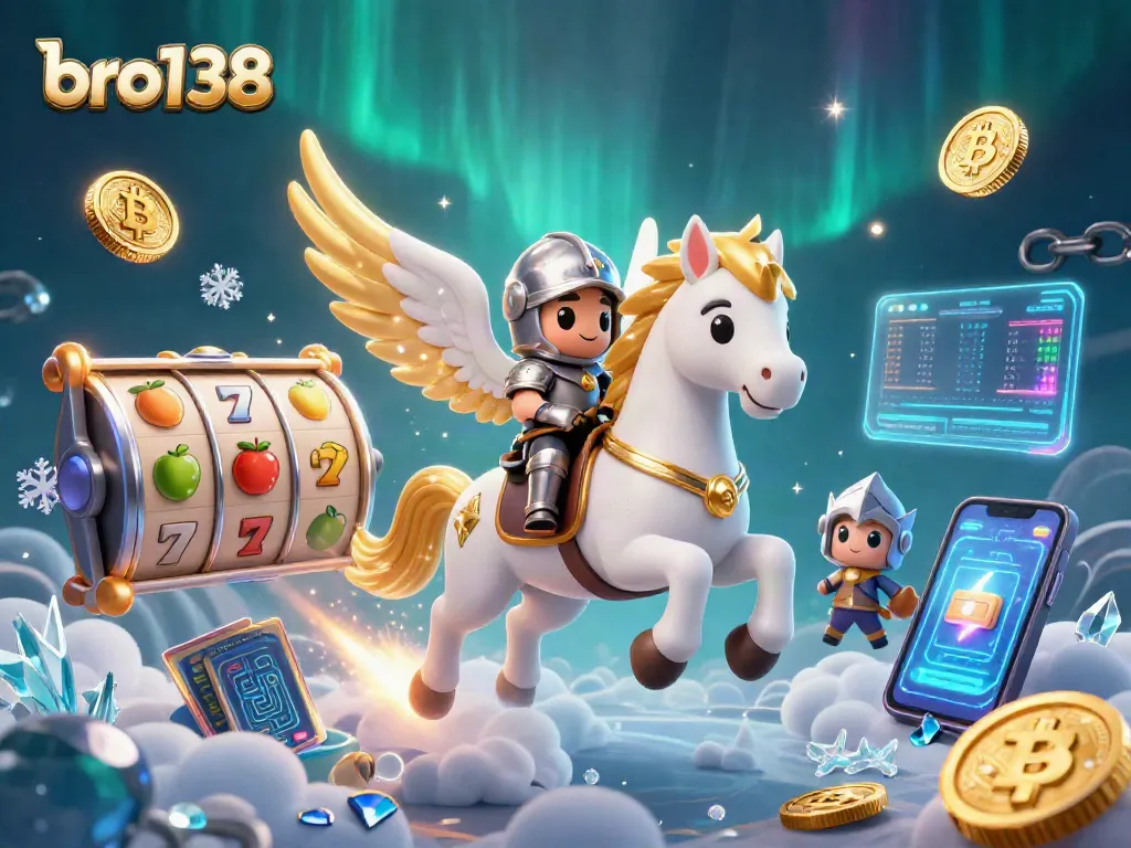 Spin to win with bro138, a vibrant 3D scene showcasing a heroic knight and celestial horse in an exciting casino adventure.