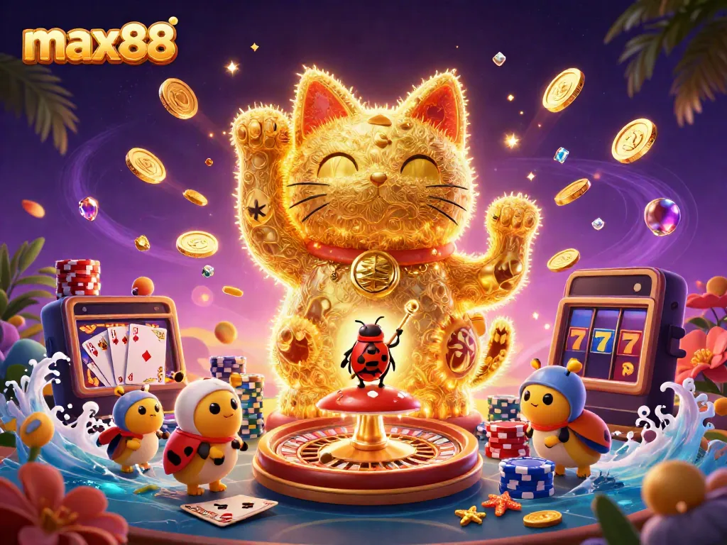 Experience the excitement of max88 as golden fireflies form a lucky cat surrounded by casino symbols.