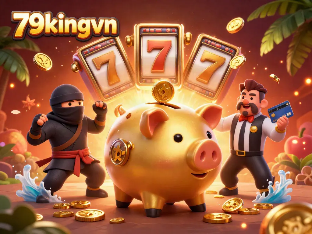 Experience thrilling jackpots with 79kingvn in a vibrant, action-packed casino scene of a golden piggy bank sumo wrestler, lucky charms, and more.