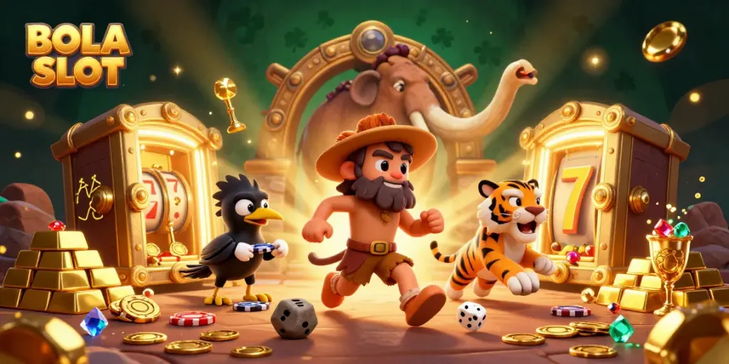 BOLA SLOT showcases an exciting casino environment with cavemen and slot machines in a vibrant 3D illustration.