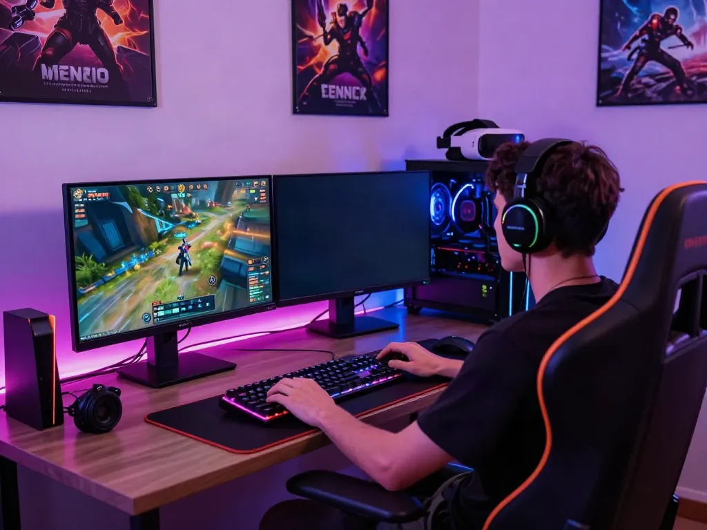 Player engaging with batman138 on a high-tech gaming setup, featuring vivid graphics and RGB lighting.