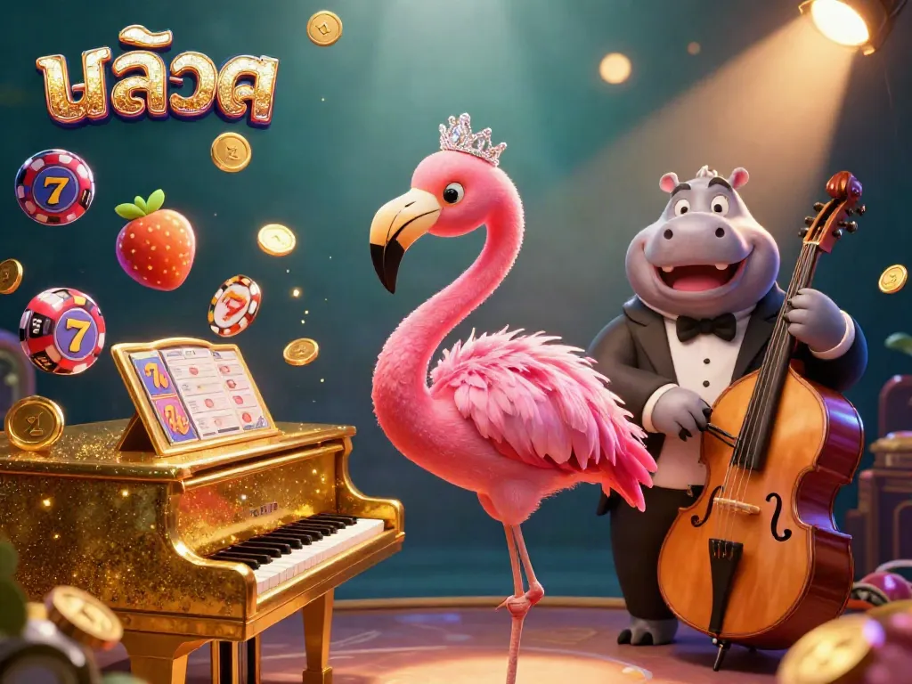 Spin the สล็อต reels with vibrant symbols and golden coins, featuring a lively flamingo singer.