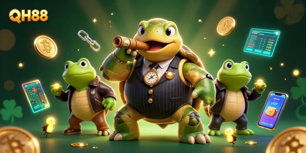 Engage with QH88's thrilling casino atmosphere in a vibrant, immersive 3D illustration filled with exciting elements.