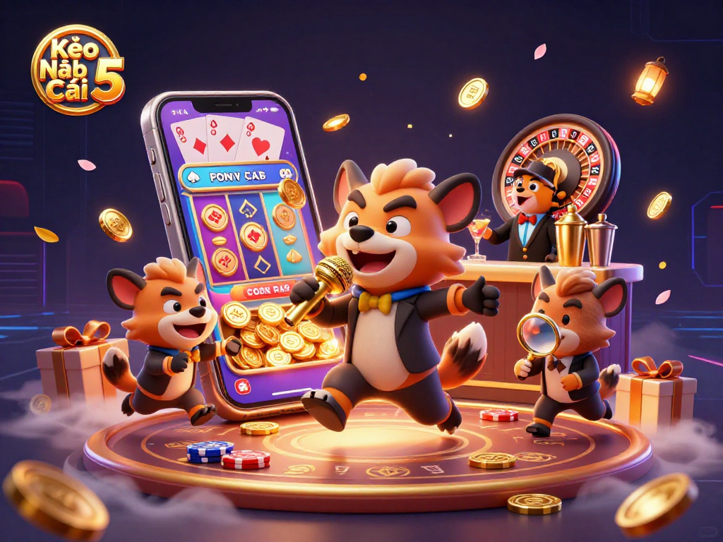 Kèo Nhà Cái 5 casino scene featuring hyenas, slot games, and a vibrant comedy atmosphere.