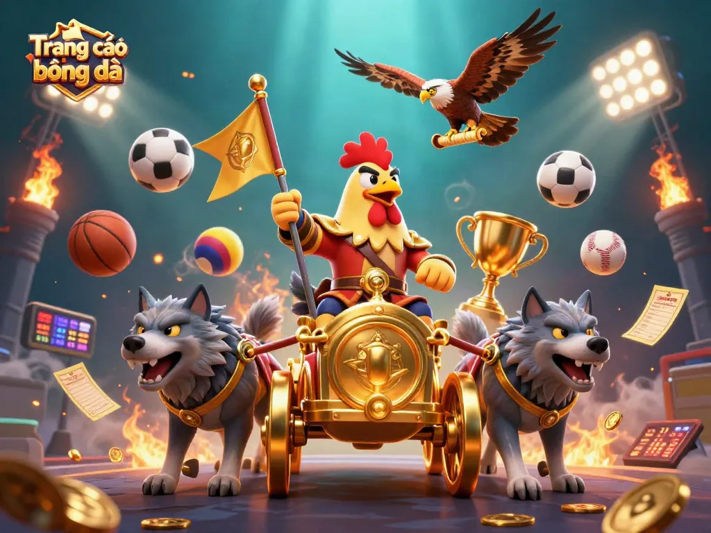 Enhance your betting with Trang cá độ bóng đá, featuring a dynamic illustration of a rooster warlord and sports elements.
