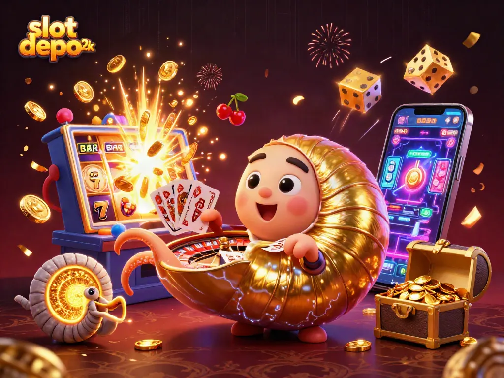 Engage with the excitement of slot depo 2k through an illustrated jackpot explosion scene featuring roulette and slot elements.