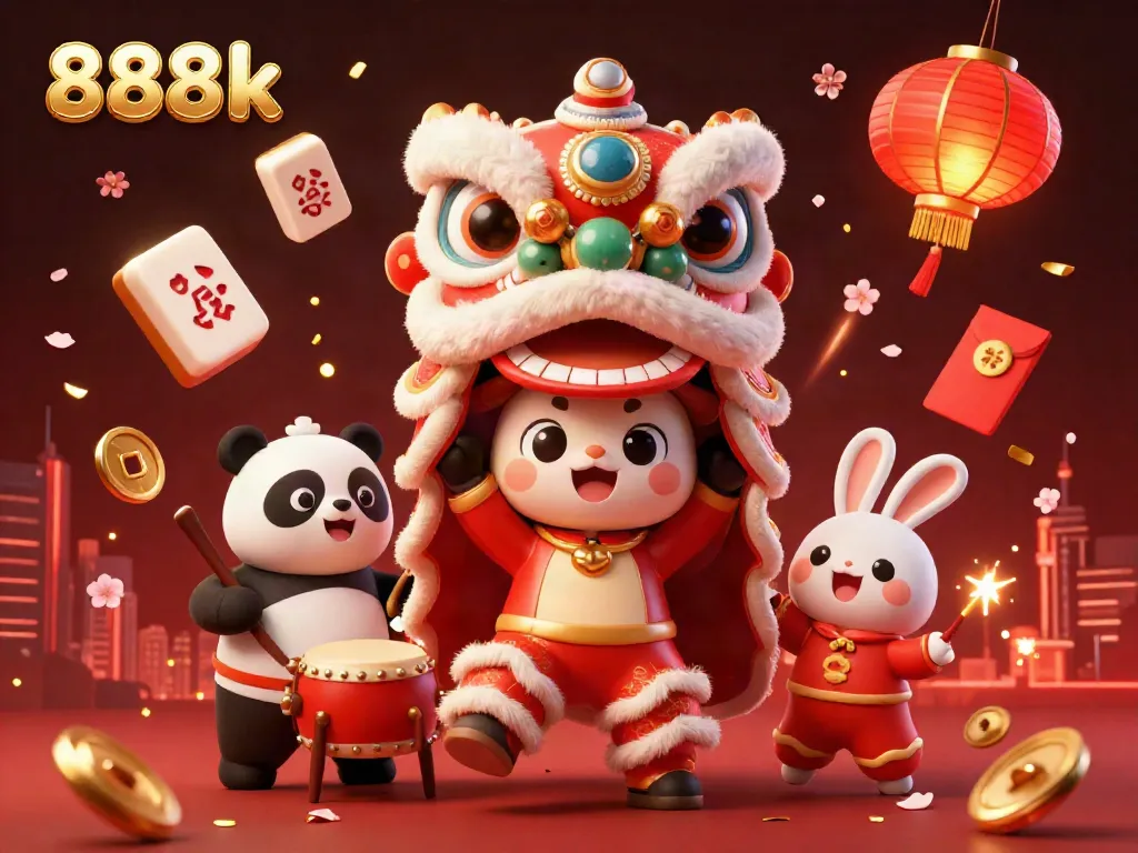 Engage with thrilling 888k online experiences amid festive lion dance and casino elements.