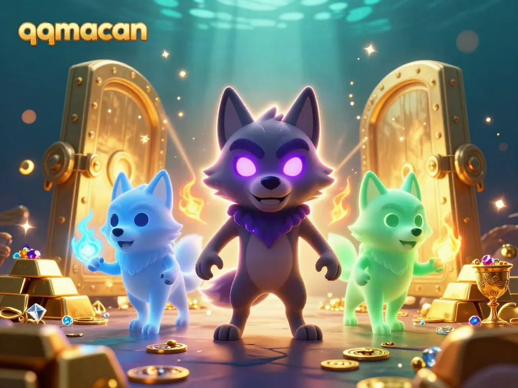 Engage in thrilling gameplay with qqmacan featuring dynamic 3D elements and glowing wolves in a casino adventure.