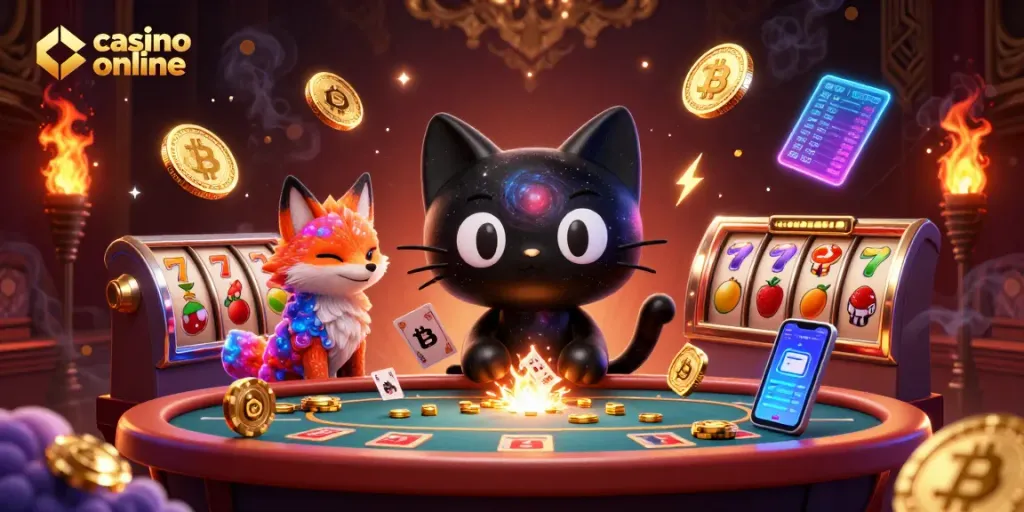 Visualisasi kasino online yang menarik dengan kucing lubang hitam dan teman rubah, menarik chip emas.
