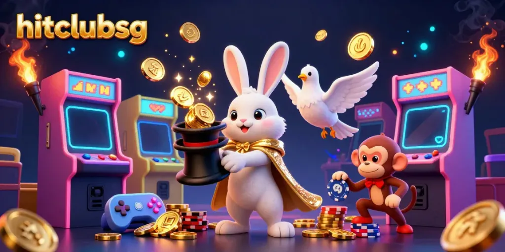 Experience excitement with hitclubsg as a magician rabbit pulls golden coins amidst a vibrant casino scene.