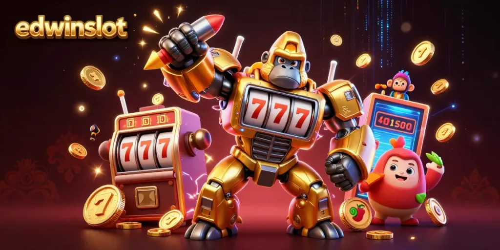 Win big with edwinslot featuring explosive action from a golden gorilla mech and slot elements.