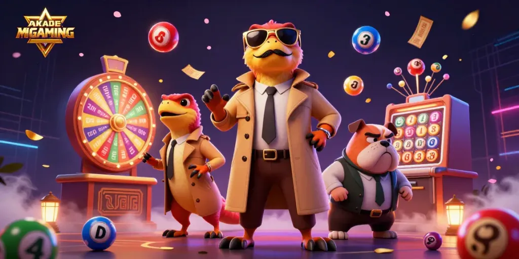 Experience the excitement of AKADEMIGAMING with playful raptors in a trench coat entering a VIP casino lounge.