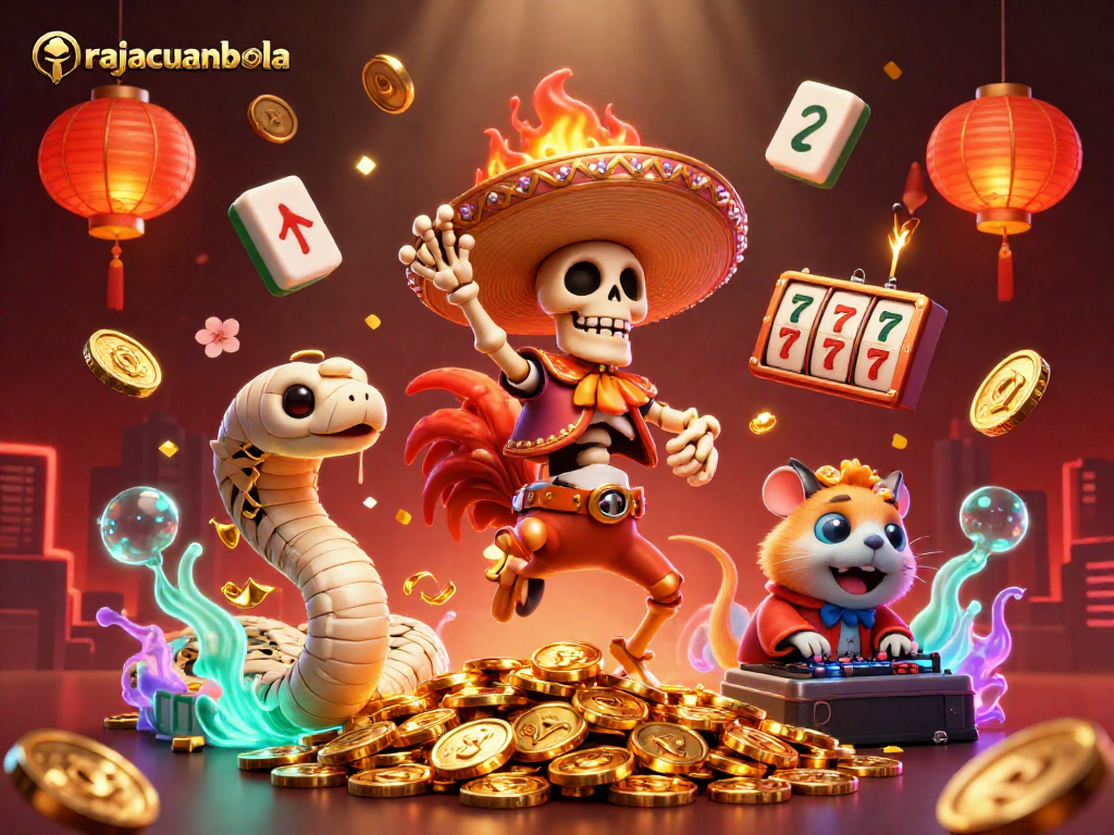 Engage in exhilarating gameplay at rajacuanbola with vibrant characters dancing amidst slot reels and festive elements.