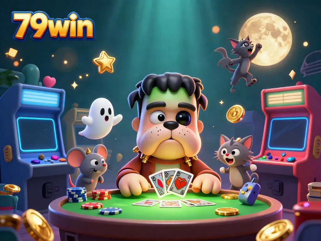 Engage in thrilling games at 79win with Frankenstein bulldog and action-packed casino elements.