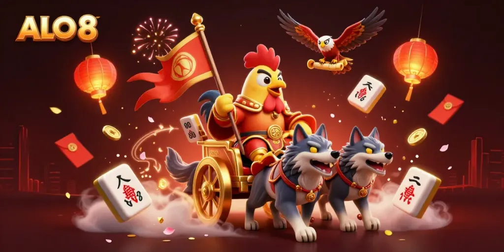 Engage with ALO 8's dynamic gaming scene featuring a rooster warlord and casino elements.