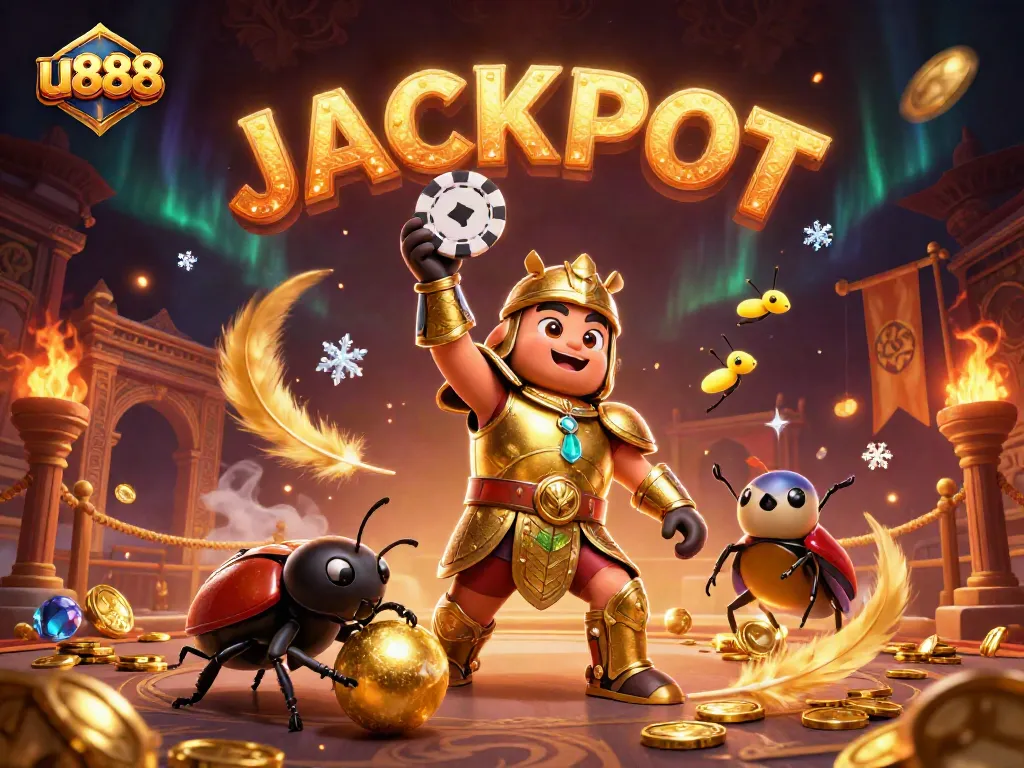 Experience the thrill of u888 as a triumphant beetle lifts a poker chip, symbolizing victory in online gaming.