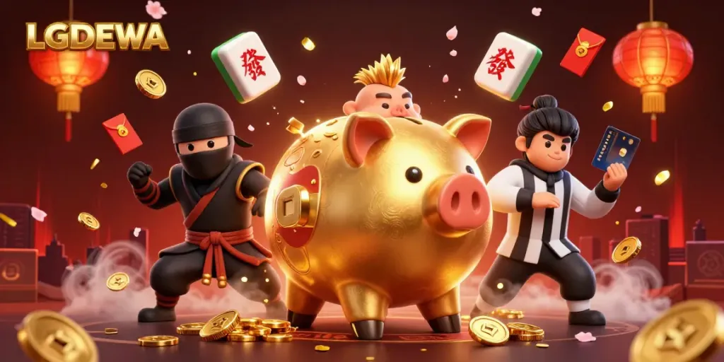 Engage in the excitement of LGODEWA gaming with a vibrant 3D casino scene featuring competitive characters.