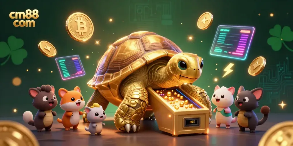 Experience exciting gameplay with cm88 com showcased in a dynamic casino illustration featuring a golden tortoise pinball machine.