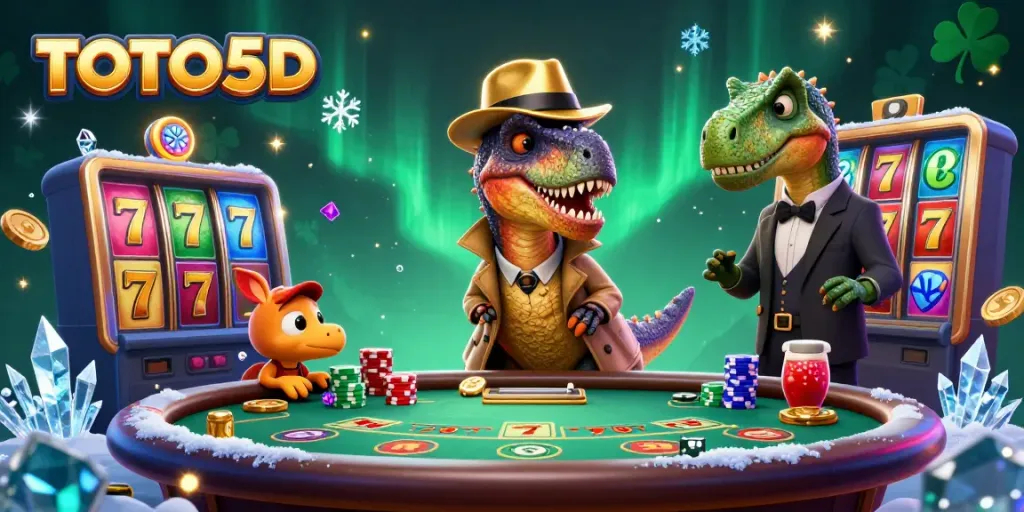 TOTO5D velociraptor card counter and stegosaurus pit boss at a vibrant casino scene.