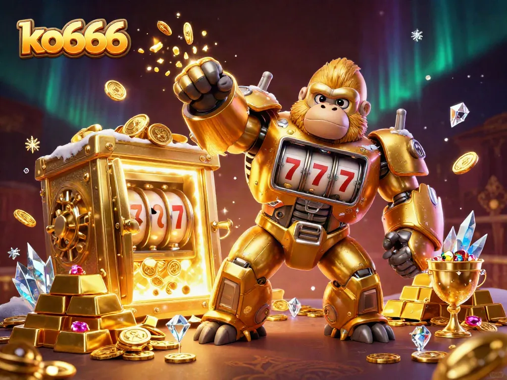 Experience thrilling wins with ko666 in this vibrant 3D illustration of a golden gorilla mech!