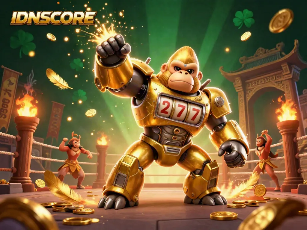 Engage with the IDNSCORE gaming experience through a dynamic golden gorilla mech scene.