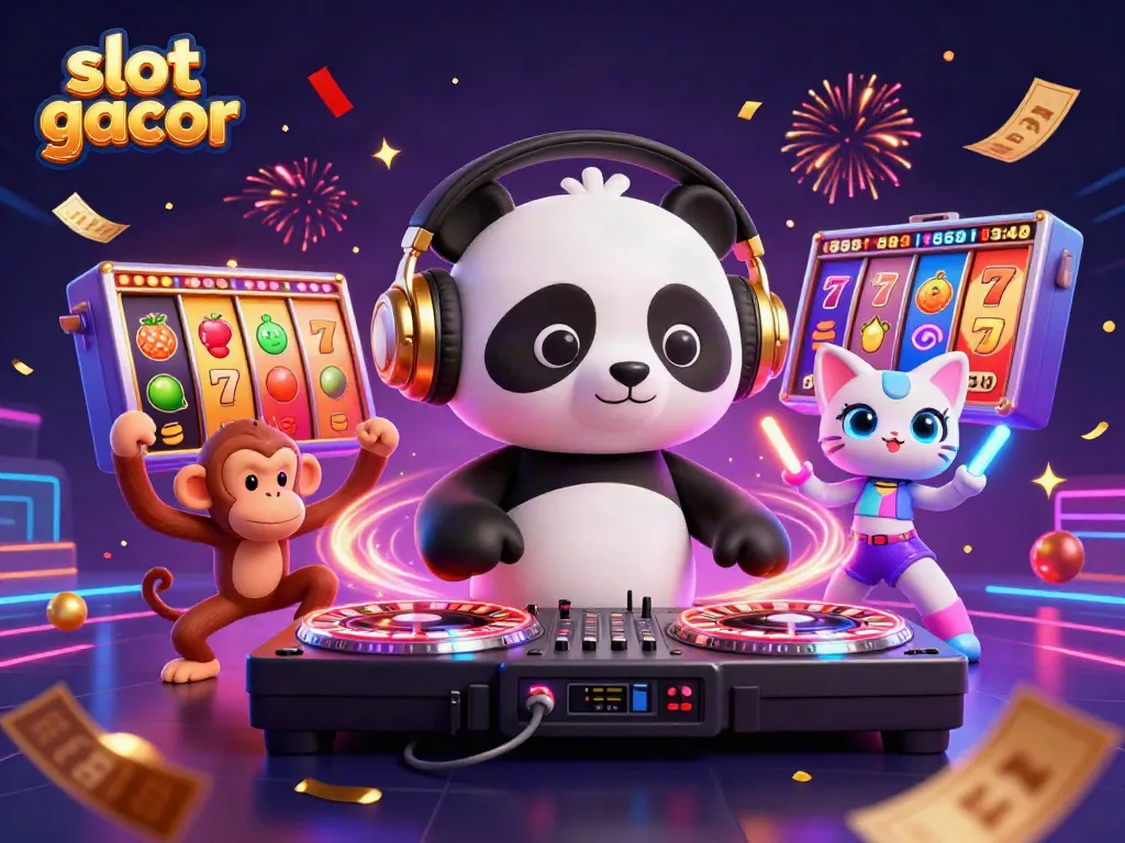 Experience slot gacor excitement with catchy visuals of a DJ panda and friends celebrating wins!