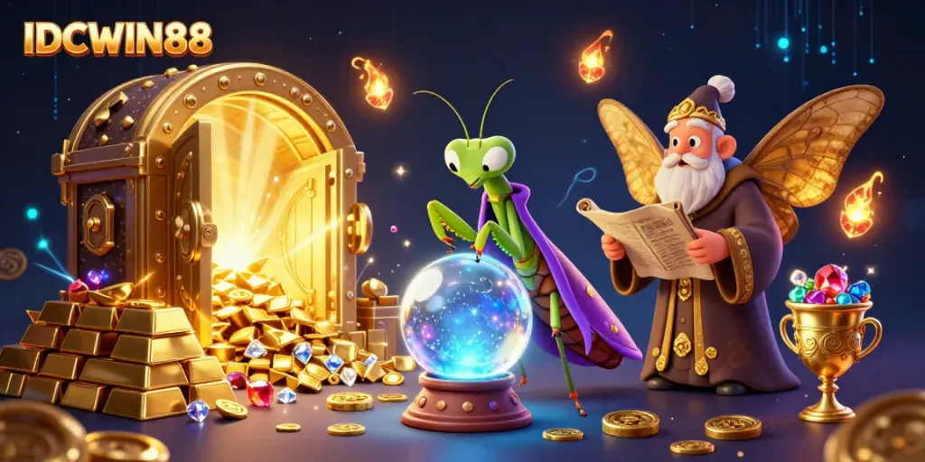 Experience thrilling gameplay with IDCWIN88 in a magical 3D casino scene filled with treasure and elements.
