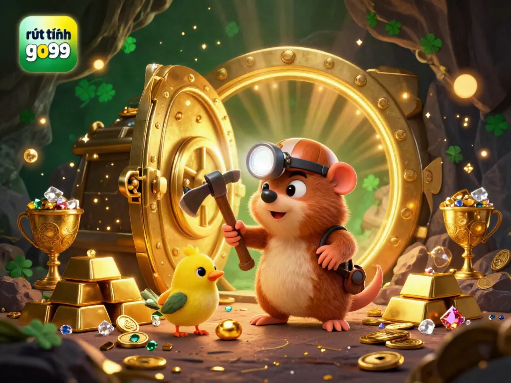 Experience rút tiền go99 with a treasure hunter mole in a vibrant, gem-filled cave.