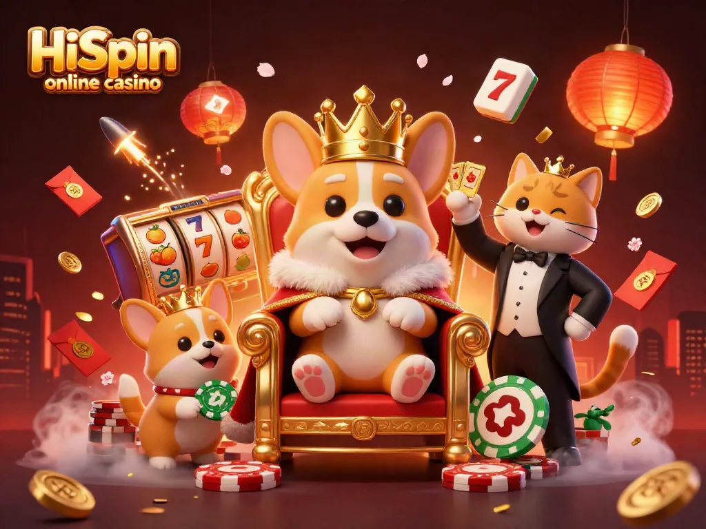 Vibrant illustration of HiSpin online casino with royal corgi on poker chip throne amidst festive game elements