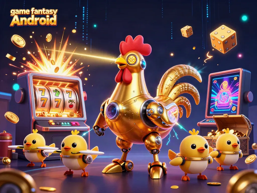 Permainan fantasi Android memperlihatkan robot ayam emas futuristik di antara slot mesin dan harta karun.