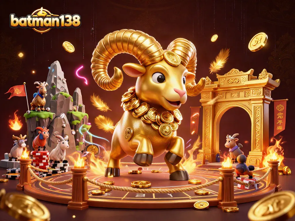 Bask in the action at batman138, where golden rams charge through a casino arena filled with betting tokens and excitement.