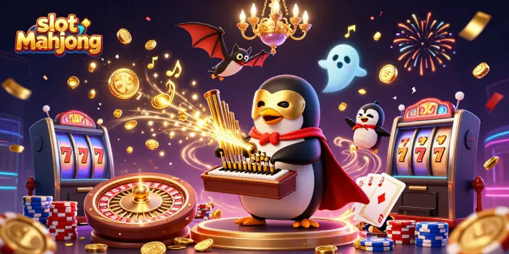 Slot mahjong menarik dengan penguin orkestra dan koin emas berhamburan di udara.