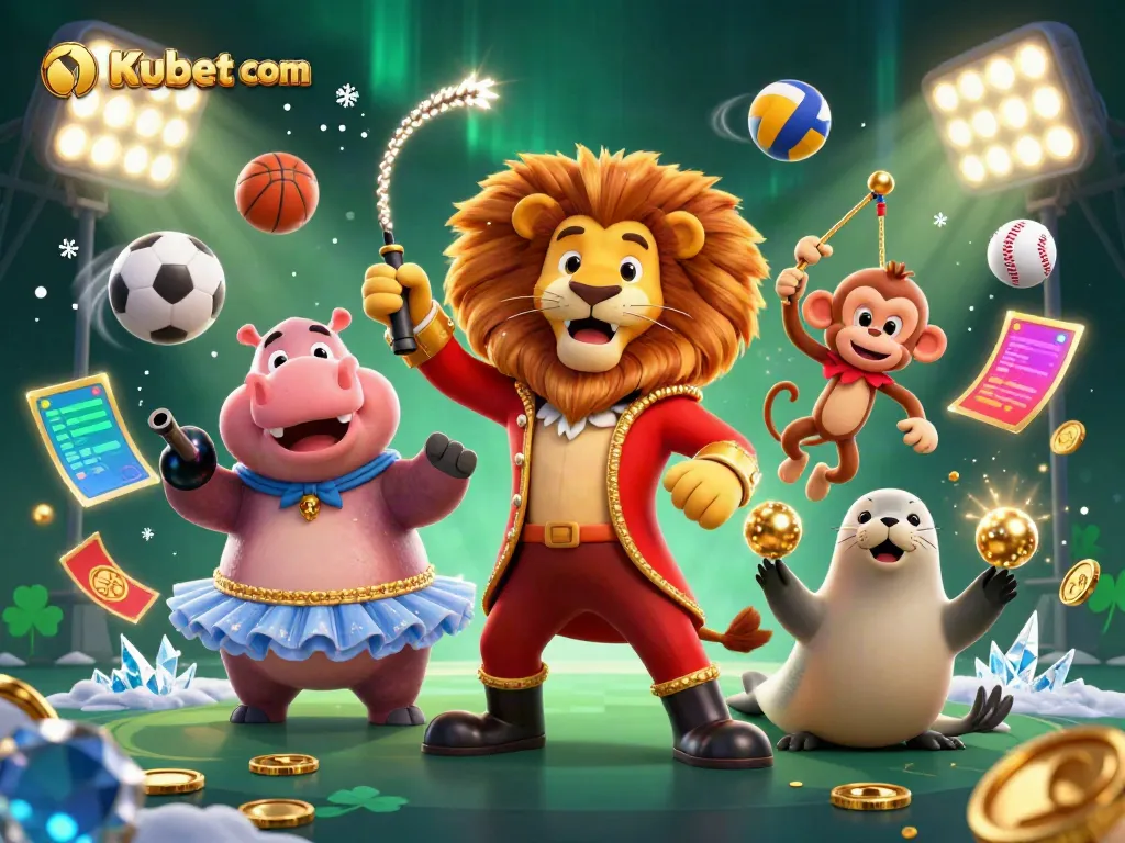 Experience the thrill of gaming with Kubet com in this vibrant circus scene featuring lively characters and dynamic sports elements.