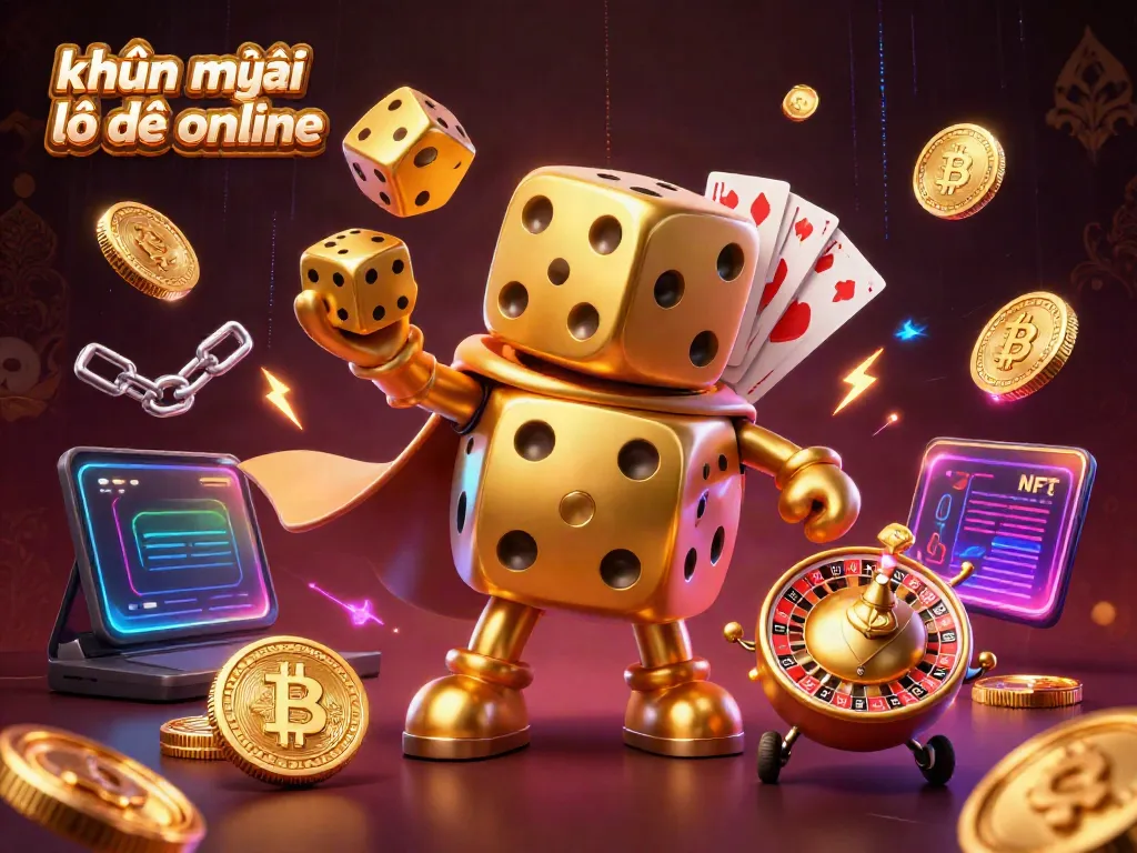 Experience khuyến mãi lô đề online with a captivating 3D illustration of a golden dice golem juggling and surrounded by crypto elements.