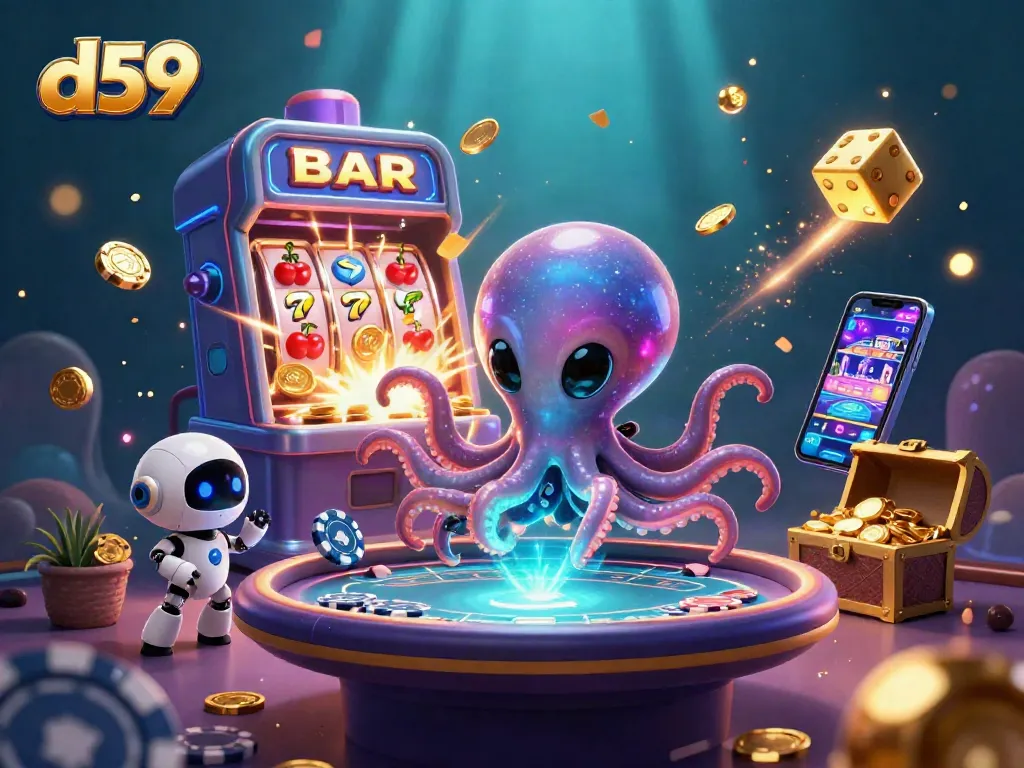 Experience thrilling wins with d59 as an alien octopus operates a vibrant casino scene.