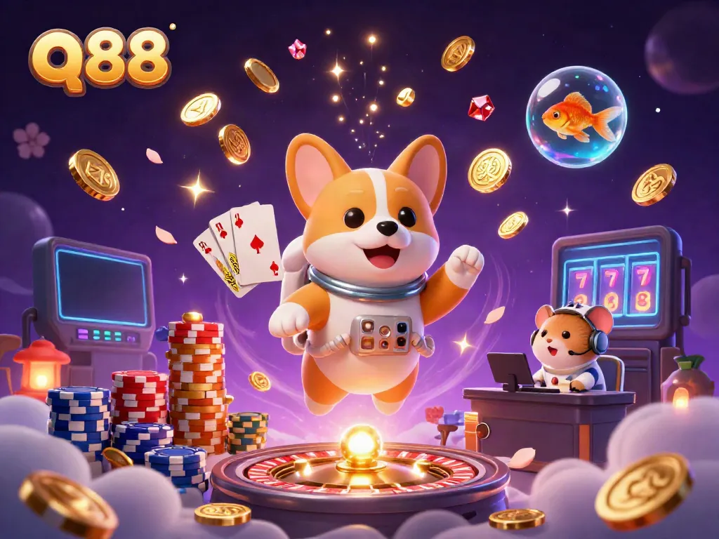 Experience thrilling games at q88 with playful characters in a vibrant digital casino setting.