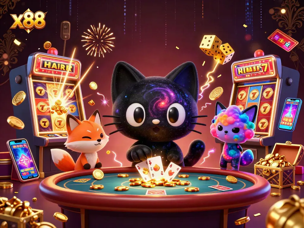 Play thrilling games at x88 with unique characters and exciting casino elements in a dazzling cosmic scene.