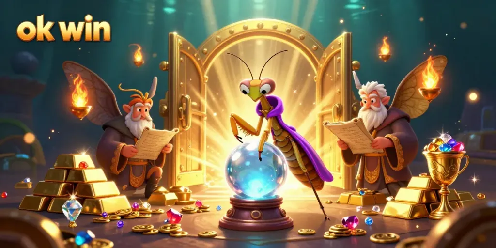 Experience the thrill of ok win with a vibrant 3D casino scene featuring mystical characters and treasures.