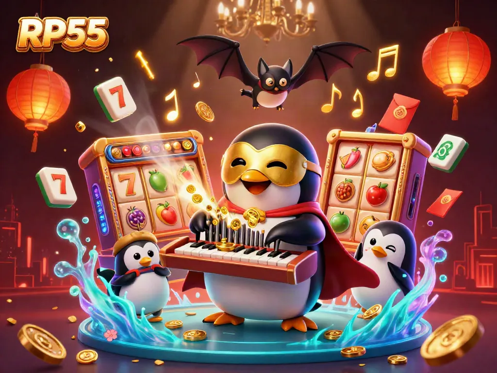 Experience the thrilling world of RP55 with dynamic casino elements and a whimsical penguin conductor.