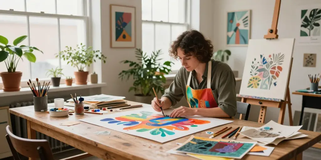 Proses kreatif di https://artstudiocb.com/accessibility/ ruang seni dengan artis melukis dan berbagai alat seni.