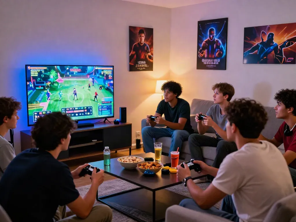 Engaging group of friends playing qqmacan in a vibrant gaming setup.